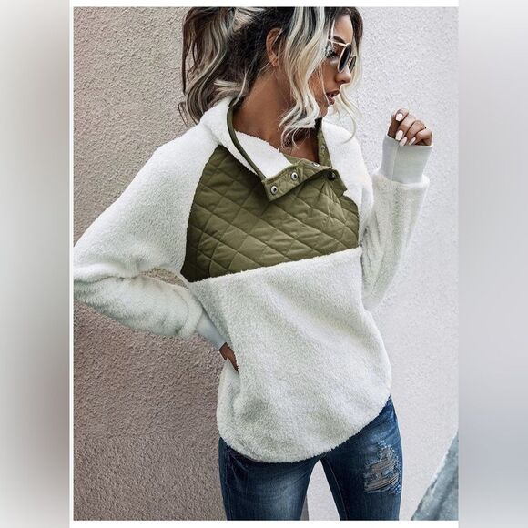 Abercrombie & Fitch Asymmetrical Snap Fleece Sweatshirt GREY & White Size Small - Picture 2 of 12